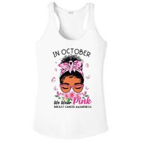 In October We Wear Pink Black Women Messy Bun Breast Cancer Ladies PosiCharge Competitor Racerback Tank