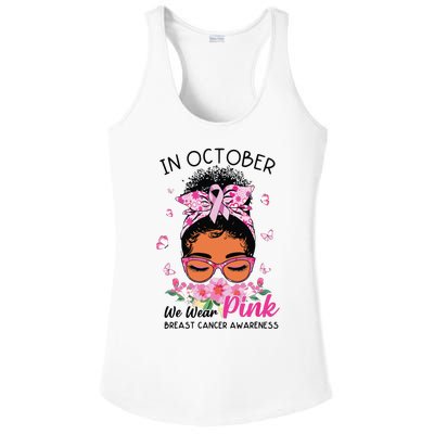 In October We Wear Pink Black Women Messy Bun Breast Cancer Ladies PosiCharge Competitor Racerback Tank