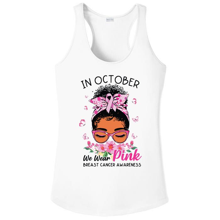 In October We Wear Pink Black Women Messy Bun Breast Cancer Ladies PosiCharge Competitor Racerback Tank