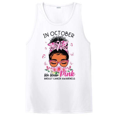 In October We Wear Pink Black Women Messy Bun Breast Cancer PosiCharge Competitor Tank