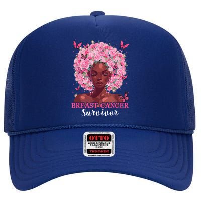 In October We Wear Pink Black Woman Breast Cancer Survivor High Crown Mesh Back Trucker Hat