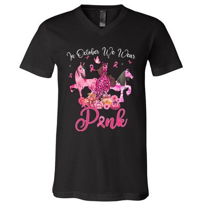 In October We Wear Horse And Pumpkin Breast Cancer V-Neck T-Shirt