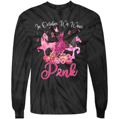 In October We Wear Horse And Pumpkin Breast Cancer Tie-Dye Long Sleeve Shirt