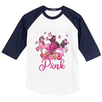 In October We Wear Horse And Pumpkin Breast Cancer Baseball Sleeve Shirt