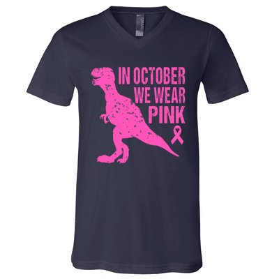 In October We Wear Pink Breast Cancer T Rex Dinosaur V-Neck T-Shirt