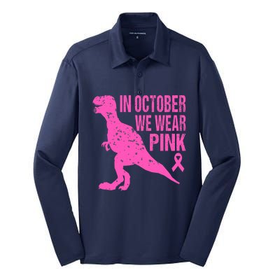 In October We Wear Pink Breast Cancer T Rex Dinosaur Silk Touch Performance Long Sleeve Polo