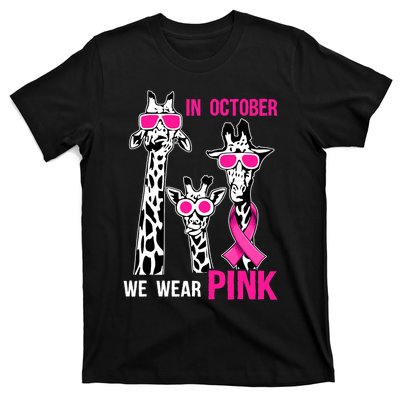 In October We Wear Pink Giraffe Ribbon Breast Cancer Warrior T-Shirt