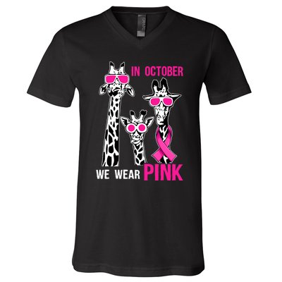 In October We Wear Pink Giraffe Ribbon Breast Cancer Warrior V-Neck T-Shirt