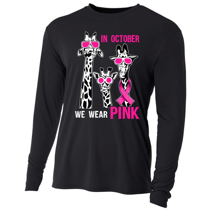 In October We Wear Pink Giraffe Ribbon Breast Cancer Warrior Cooling Performance Long Sleeve Crew