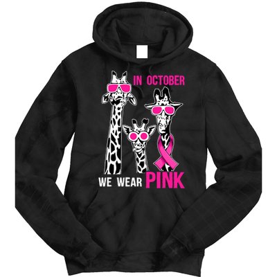 In October We Wear Pink Giraffe Ribbon Breast Cancer Warrior Tie Dye Hoodie