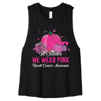 In October We Wear Pink Breast Cancer Awareness Pink Ribbons Women's Racerback Cropped Tank