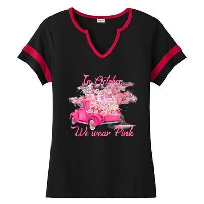 In October We Wear Pink For Breast Cancer Awareness Month Ladies Halftime Notch Neck Tee