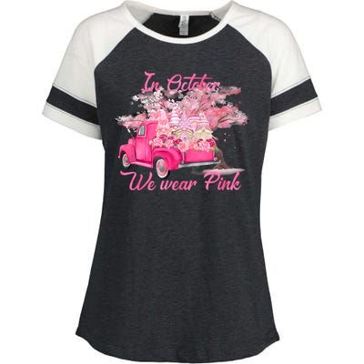 In October We Wear Pink For Breast Cancer Awareness Month Enza Ladies Jersey Colorblock Tee