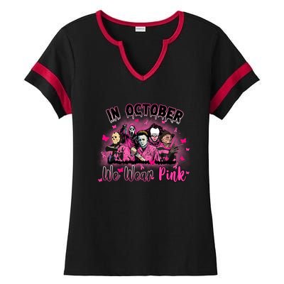 In October We Wear Pink Scary Movies Breast Cancer Ladies Halftime Notch Neck Tee