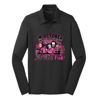 In October We Wear Pink Scary Movies Breast Cancer Silk Touch Performance Long Sleeve Polo