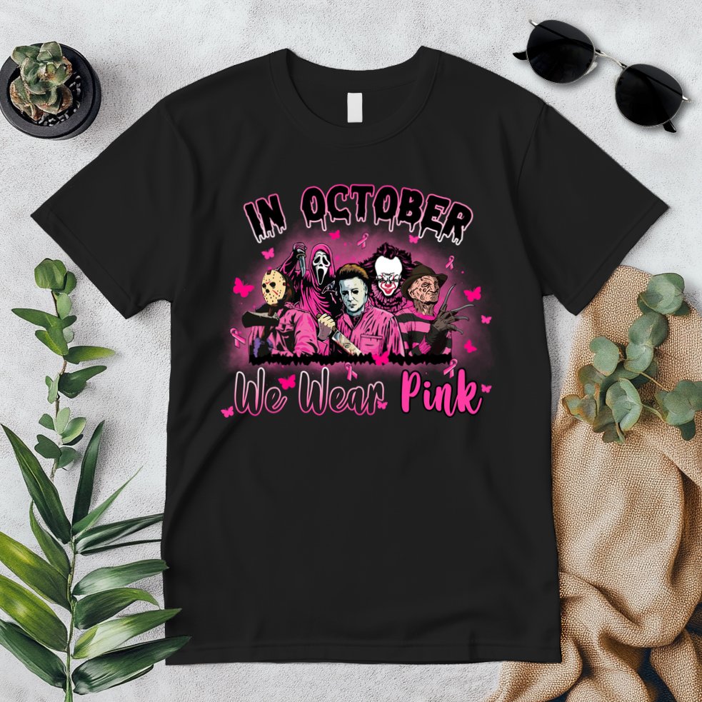 In October We Wear Pink Scary Movies Breast Cancer Premium T-Shirt