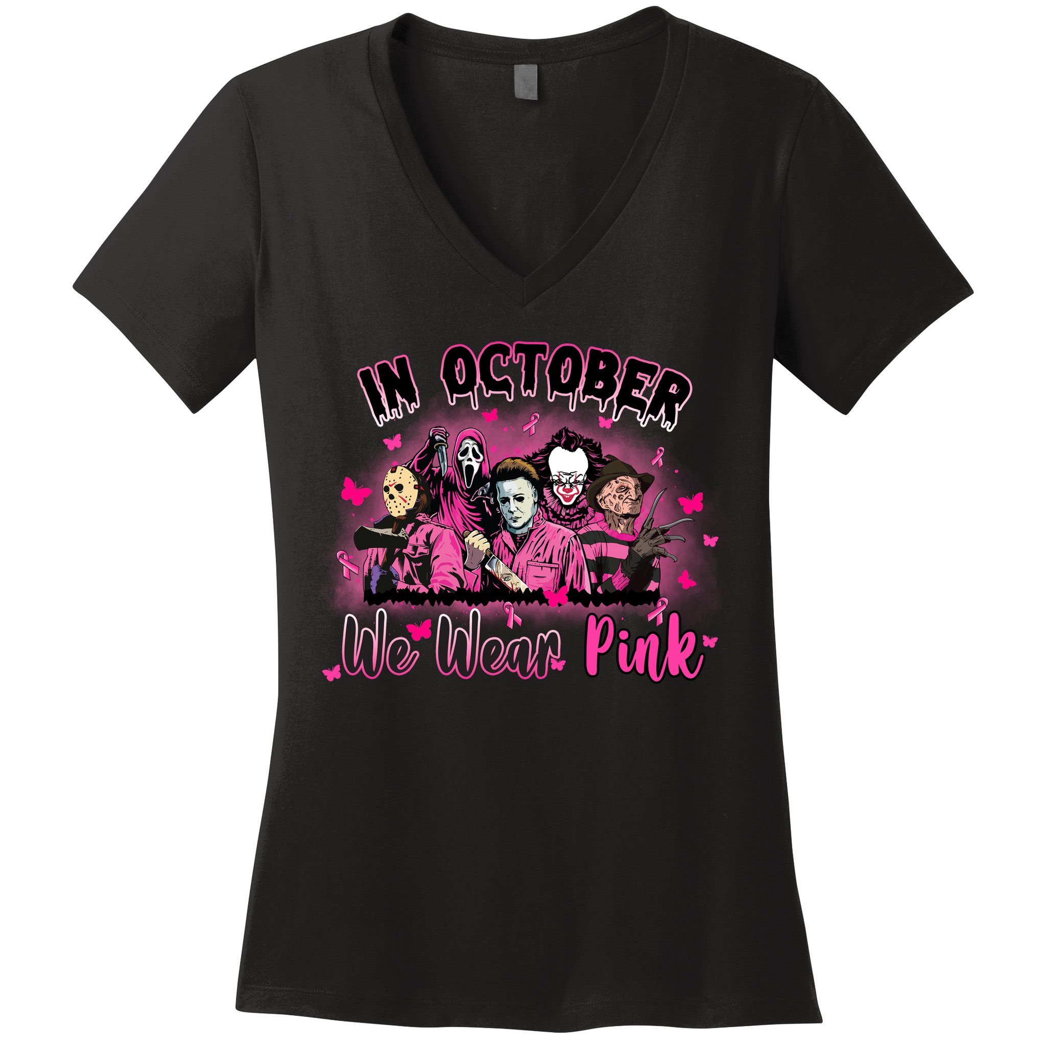 In October We Wear Pink Scary Movies Breast Cancer Women's V-Neck T-Shirt