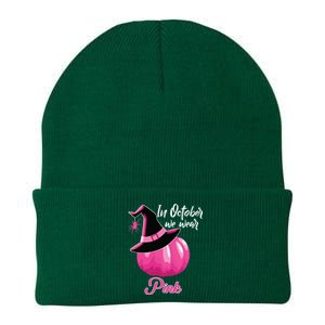 In October We Wear Pink Breast Cancer Pumpkin Witch Knit Cap Winter Beanie