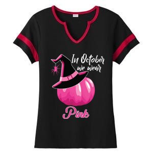 In October We Wear Pink Breast Cancer Pumpkin Witch Ladies Halftime Notch Neck Tee