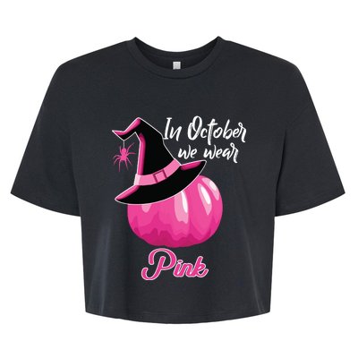 In October We Wear Pink Breast Cancer Pumpkin Witch Bella+Canvas Jersey Crop Tee