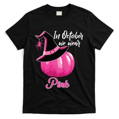 In October We Wear Pink Breast Cancer Pumpkin Witch T-Shirt