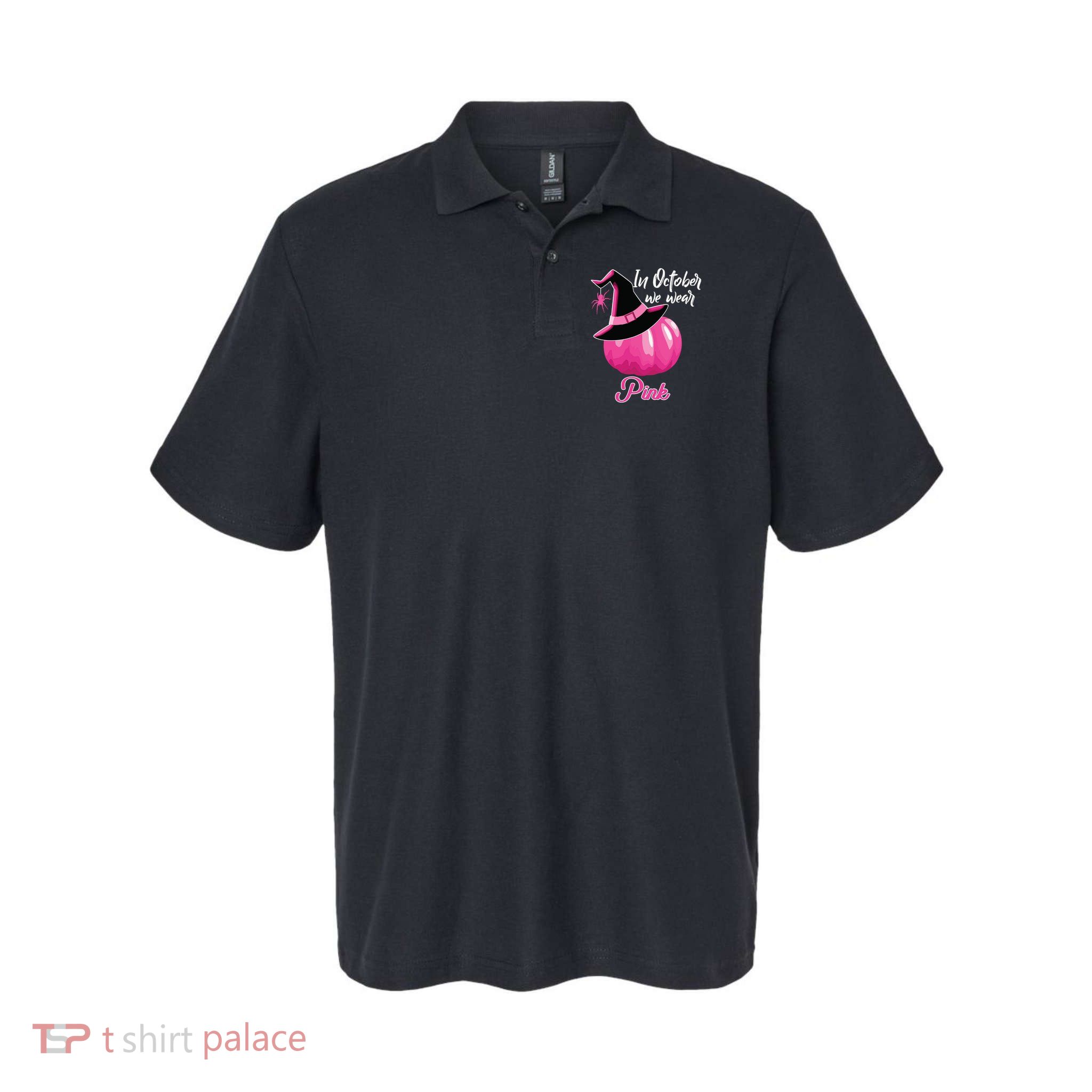 In October We Wear Pink Breast Cancer Pumpkin Witch Polo