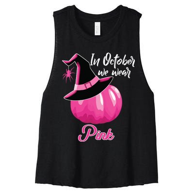 In October We Wear Pink Breast Cancer Pumpkin Witch Women's Racerback Cropped Tank