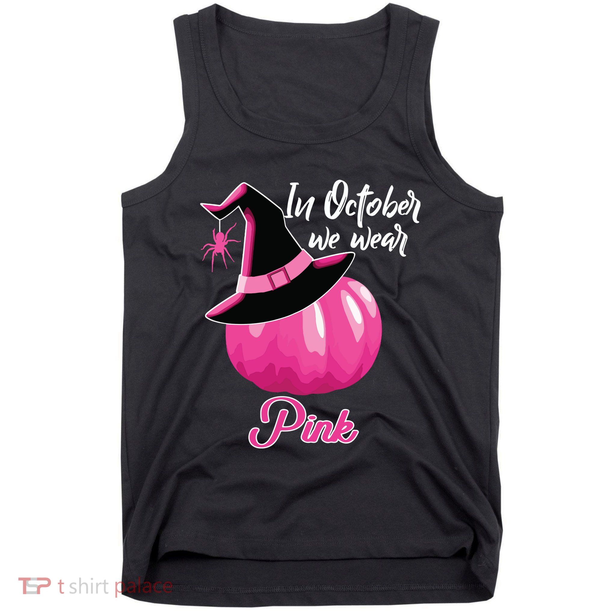 In October We Wear Pink Breast Cancer Pumpkin Witch Tank Top