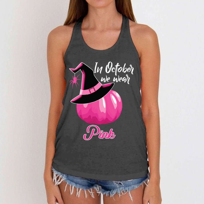 In October We Wear Pink Breast Cancer Pumpkin Witch Women's Knotted Racerback Tank