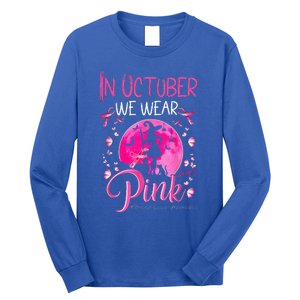 In October We Wear Ribbon Pink Halloween Witch Breast Cancer Long Sleeve Shirt