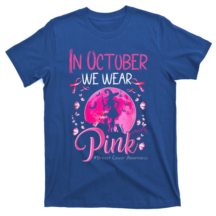 In October We Wear Ribbon Pink Halloween Witch Breast Cancer T-Shirt