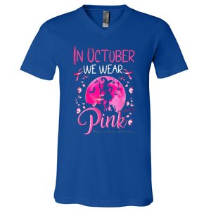 In October We Wear Ribbon Pink Halloween Witch Breast Cancer V-Neck T-Shirt