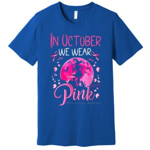 In October We Wear Ribbon Pink Halloween Witch Breast Cancer Premium T-Shirt