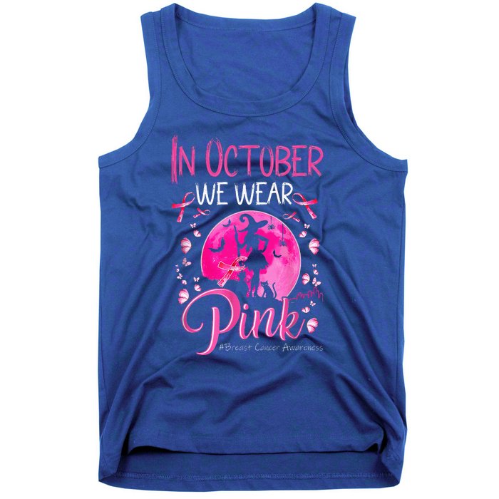 In October We Wear Ribbon Pink Halloween Witch Breast Cancer Tank Top