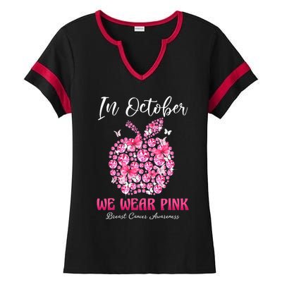 In October We Wear Pink Teacher Butterflies Breast Cancer Ladies Halftime Notch Neck Tee