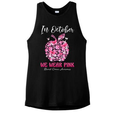 In October We Wear Pink Teacher Butterflies Breast Cancer Ladies PosiCharge Tri-Blend Wicking Tank