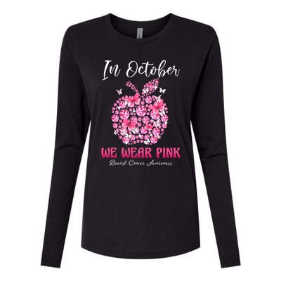 In October We Wear Pink Teacher Butterflies Breast Cancer Womens Cotton Relaxed Long Sleeve T-Shirt