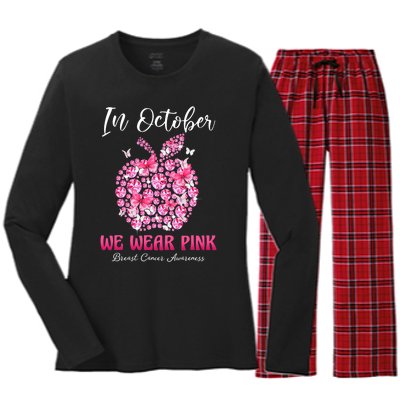 In October We Wear Pink Teacher Butterflies Breast Cancer Women's Long Sleeve Flannel Pajama Set 