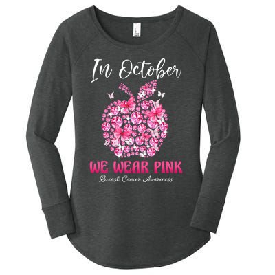 In October We Wear Pink Teacher Butterflies Breast Cancer Women's Perfect Tri Tunic Long Sleeve Shirt