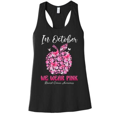 In October We Wear Pink Teacher Butterflies Breast Cancer Women's Racerback Tank