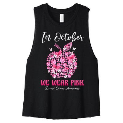 In October We Wear Pink Teacher Butterflies Breast Cancer Women's Racerback Cropped Tank