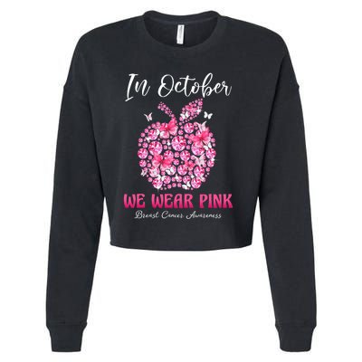 In October We Wear Pink Teacher Butterflies Breast Cancer Cropped Pullover Crew