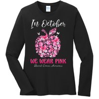 In October We Wear Pink Teacher Butterflies Breast Cancer Ladies Long Sleeve Shirt