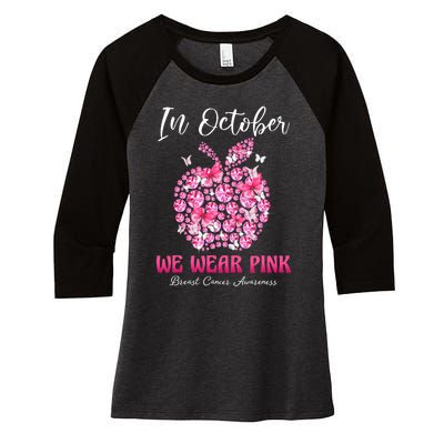 In October We Wear Pink Teacher Butterflies Breast Cancer Women's Tri-Blend 3/4-Sleeve Raglan Shirt