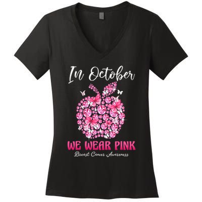 In October We Wear Pink Teacher Butterflies Breast Cancer Women's V-Neck T-Shirt