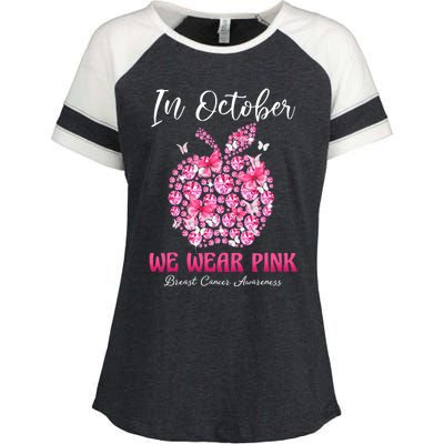 In October We Wear Pink Teacher Butterflies Breast Cancer Enza Ladies Jersey Colorblock Tee