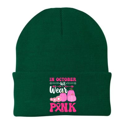 In October We Wear Pink Ribbon Pumpkin Breast Cancer Halloween Gift Knit Cap Winter Beanie