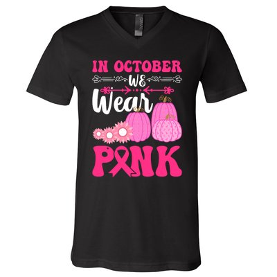 In October We Wear Pink Ribbon Pumpkin Breast Cancer Halloween Gift V-Neck T-Shirt