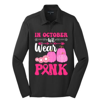 In October We Wear Pink Ribbon Pumpkin Breast Cancer Halloween Gift Silk Touch Performance Long Sleeve Polo