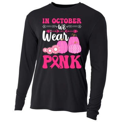 In October We Wear Pink Ribbon Pumpkin Breast Cancer Halloween Gift Cooling Performance Long Sleeve Crew